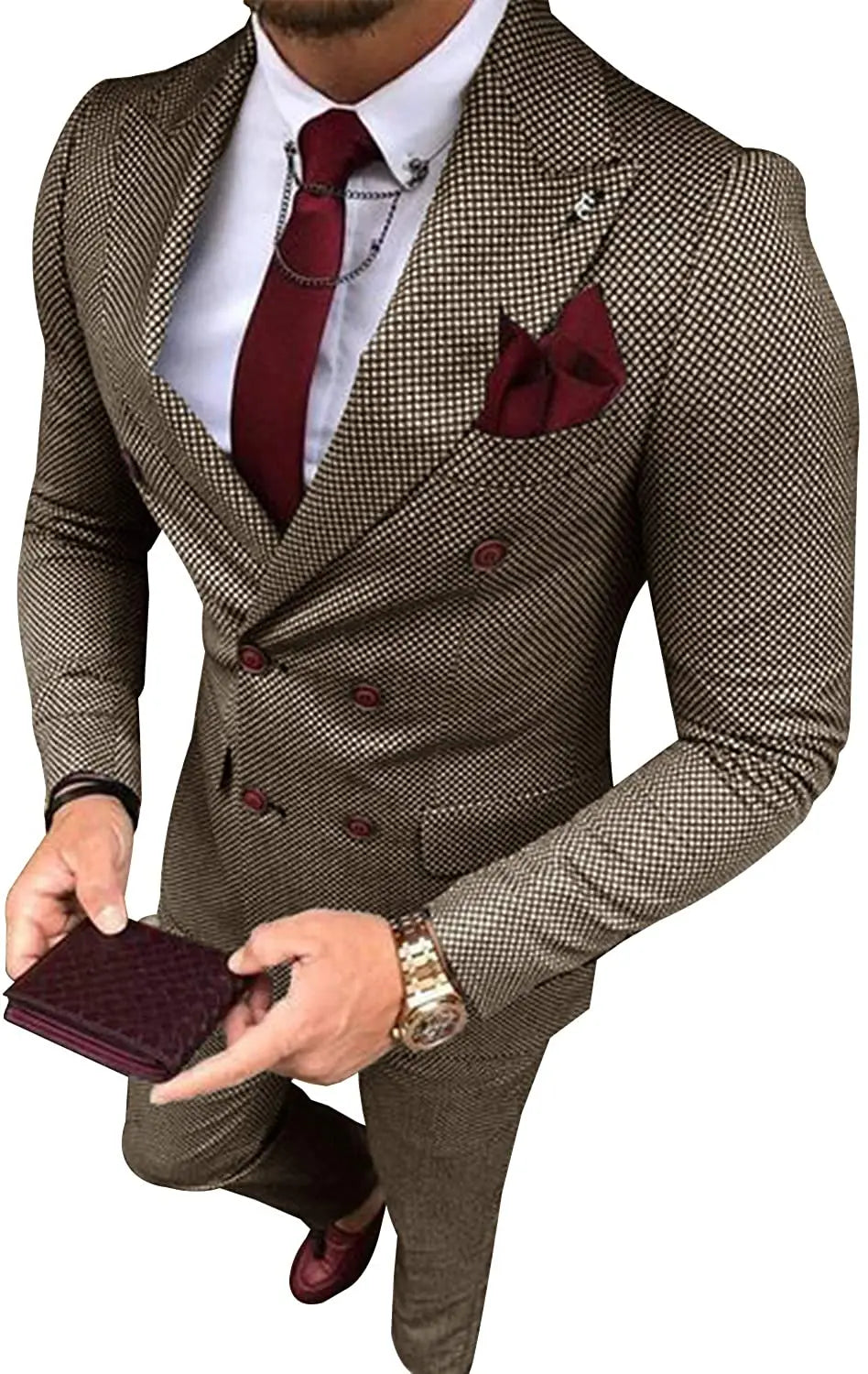 Men's Suit Grey Formal 2 Pieces Slim Fit Double breasted Plaid Soft Wool Tweed Prom