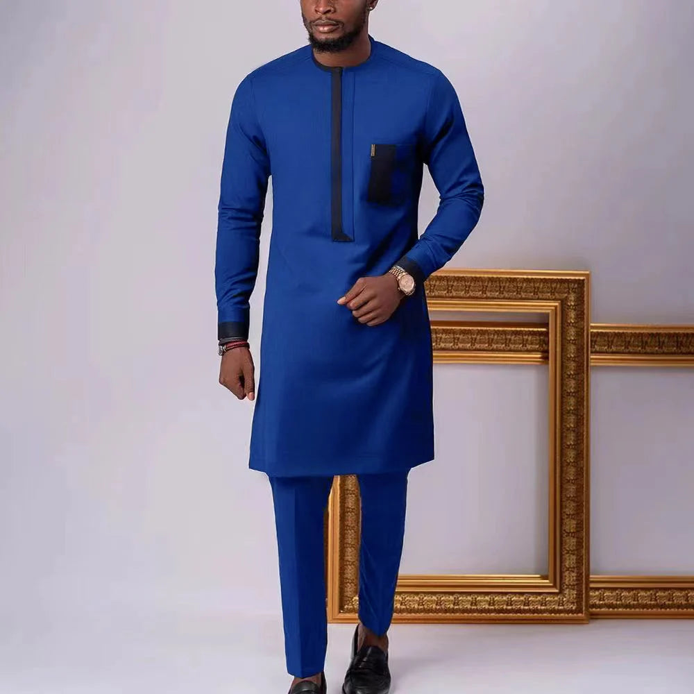 2024 New in  Men's Suit Blue Casual Long Sleeve Ethnic Fashion Shirt and Pants Two-Piece Set Party Elements Men's Suit