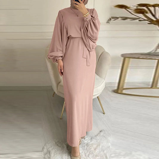 Women Spring Muslim Dress 2024 Spring Long Sleeve Casual Muslim Robe Solid Lace Up Dubai Abayas Islamic Prayer Ramadan Clothes