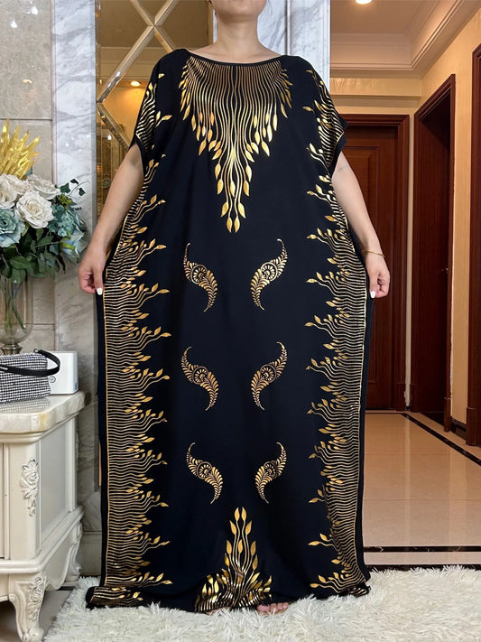 2024 Summer Short Sleeve Dress Cotton Gold Stamping  Boubou Maxi Islam Women Femme Dress With Big Scarf African Loose  Clothes